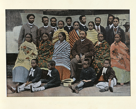 Antique colourised photograph of Rainandriampandry, Minister of the Interior and his family, Madagascar. 19th Century