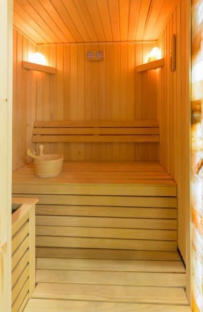 istock Swedish sauna interior in hotel wellness center 1220623564