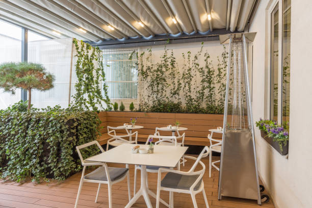 istock Hotel restaurant terrace interior with heater 1220623590