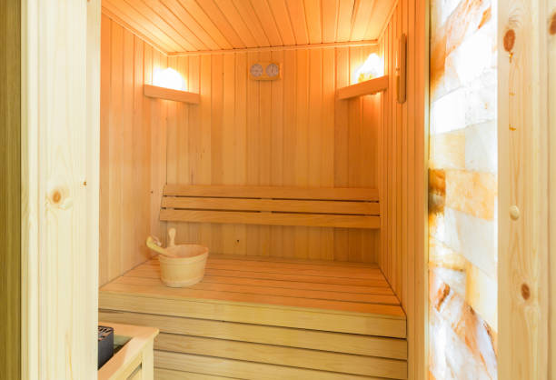 istock Swedish sauna interior in hotel wellness center 1220623640