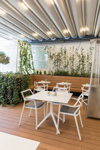 istock Hotel restaurant terrace interior with heater 1220623646