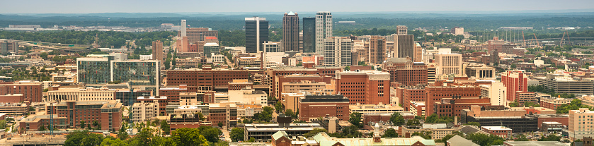 City skyline view as seen from Vulcan Park in Birmingham Alabama USA