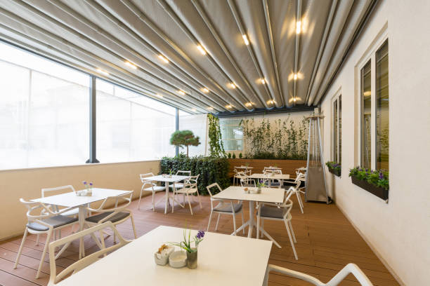 istock Hotel restaurant terrace interior with heater 1220623988