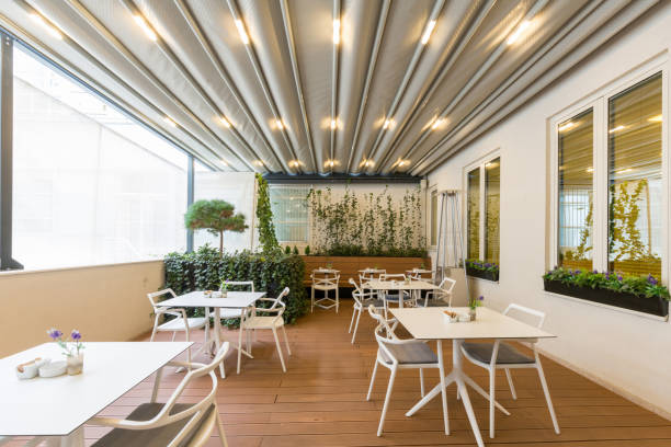 istock Hotel restaurant terrace interior with heater 1220624504
