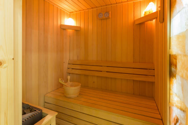 istock Swedish sauna interior in hotel wellness center 1220624518