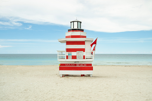 Lifeguard tower on the sand of South Beach Miami Florida USA