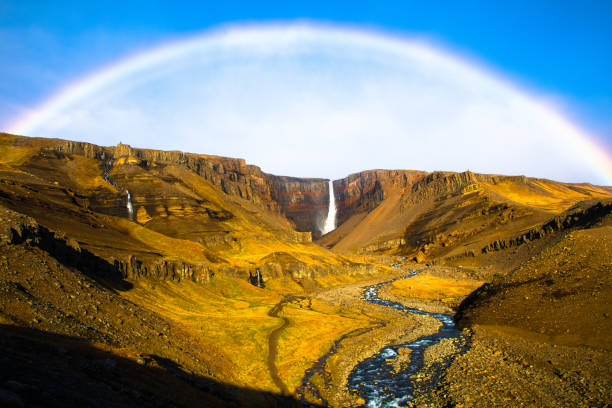 istock Iceland landscape with rainbow, waterfalls, rivers and mountains 1220625035