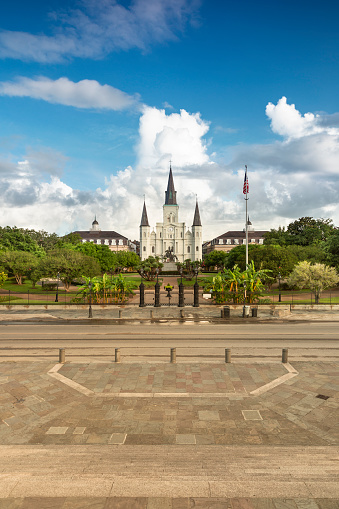 Historic St. Louis Cathedral and the statue of Andrew Jackson across Jackson Square in New Orleans Louisiana USA