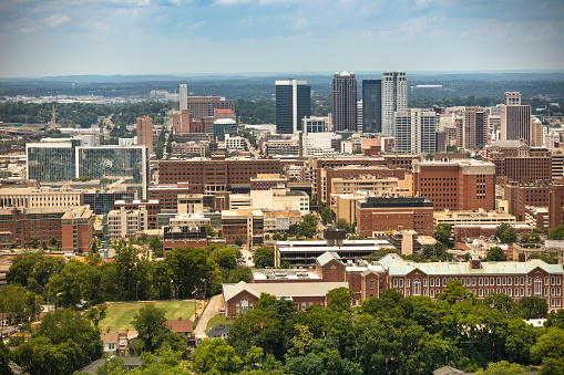 City skyline view as seen from Vulcan Park in Birmingham Alabama USA