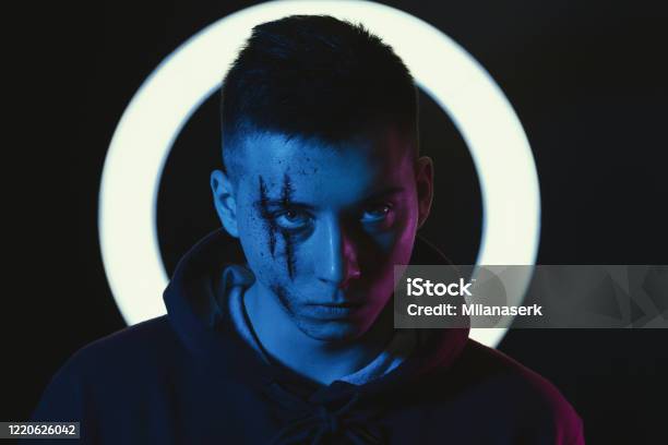 Teenage Boy With Wounds On Face For Book Cover And Poster Ideas Stock Photo - Download Image Now