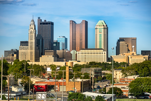 Office buildings in downtown city skyline view of the Columbus Ohio USA.  Columbus is the Ohio state capital.