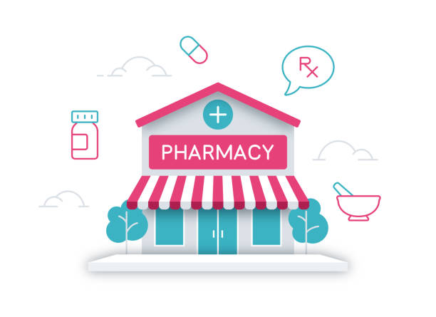 Pharmacy Neighborhood pharmacy building for prescriptions and medical assistance. pharmacy store stock illustrations