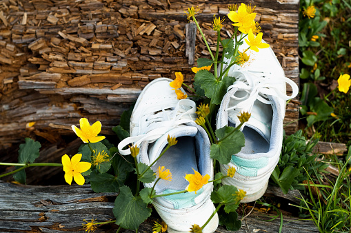 White female shoes outdoors on green background of mountain meadow with yellow flowers. Stop traveling, stay at home. Close-up