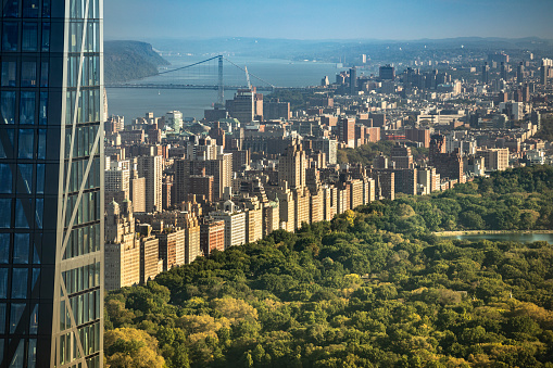 Aerial view of the buildings and skyscrapers over Central Park and the Manhattan skyline in New York City USA