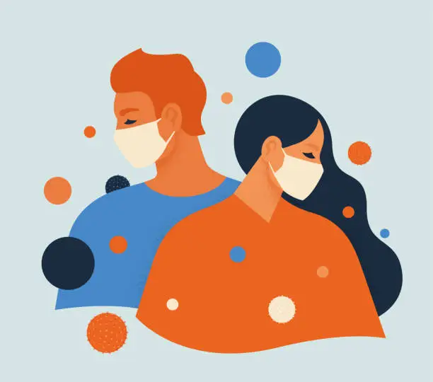 Vector illustration of People feel anxiety and fear wearing medical masks to prevent disease, flu, air pollution, contaminated air, world pollution. Vector illustration flat style.