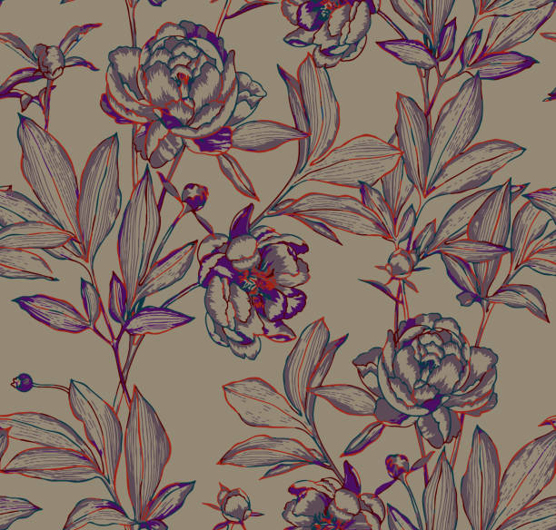 Botanical seamless pattern. Elegant peonies, buds and leaves. Contour drawing, etching graphic technique, embroidery illusion. Vintage line art background with beautiful flowers for textile and fabric.