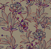 istock Floral seamless pattern made of elegant flowers. Outline detailed sketch line drawing. 1220628126