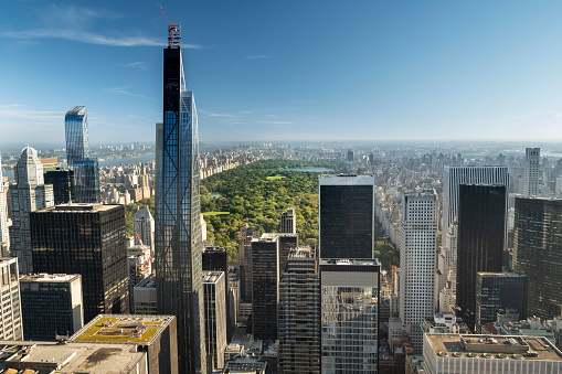Aerial view of the buildings and skyscrapers over Central Park and the Manhattan skyline in New York City USA