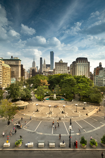 Aerial view of people walking through the plaza of Union Square Park in midtown Manhattan New York City USA