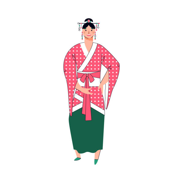 Japanese girl or woman cartoon character in kimono vector illustration isolated. Japanese girl cartoon character in traditional kimono and hairstyle, vector illustration isolated on white background. Geisha or modern woman in folk ethnic costume. modern geisha stock illustrations