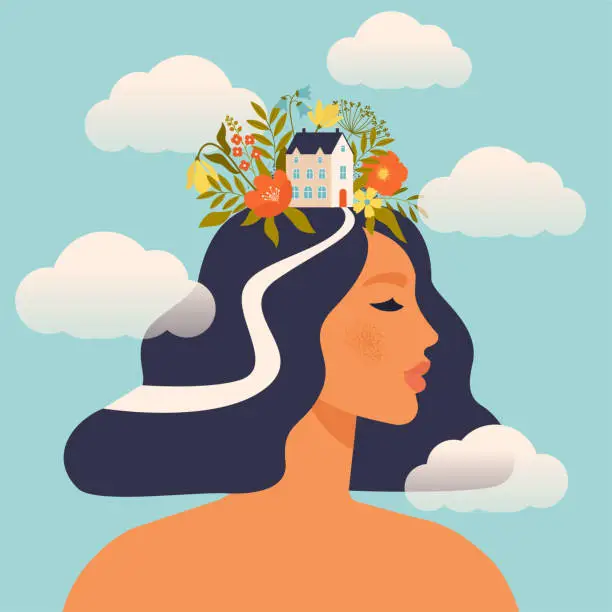 Vector illustration of Concept about the processes of thinking of women. Creating ideas in the head, creative profession. Creative fantasy thinking vector illustration. Mechanism of the brain, thinking worker. Woman world.