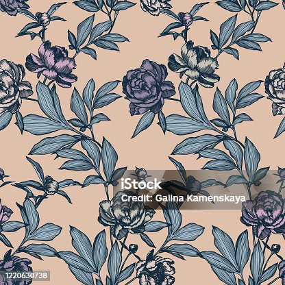 istock Floral seamless pattern made of elegant flowers. Outline detailed sketch line drawing. 1220630738