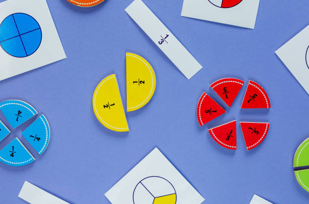 istock Creative math fractions on violet background. Interesting funny math for kids. Education, back to school concept. Geometry and mathematics materials. Flat lay, top view 1220632166