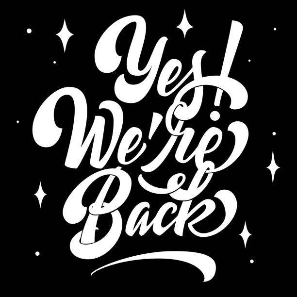 Vector Yes We are Back elegant modern handwritten calligraphy. Vector Ink promotion illustration. Isolated on dark background with stars. For relaunch cards, invitations, prints etc