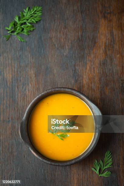 Vegan Butternut Squash Soup Stock Photo - Download Image Now - Carrot Soup, Soup, Cream Soup