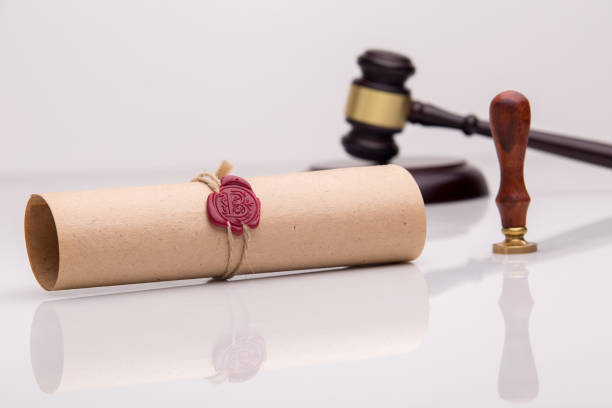 Notary's public pen and stamp on testament and last will. Notary public tools