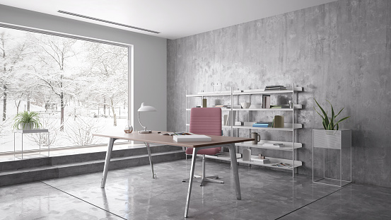 Stylish office space with concrete walls and floor and winter window view - 3 d render using 3ds Max