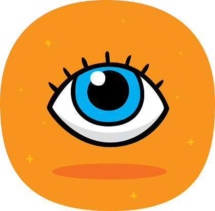 Vector illustration of a hand drawn eye with eyelashes against an orange background.