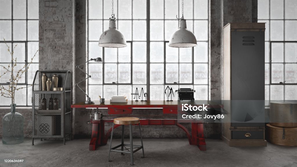 Industrial style office interior Rusty red metal working desk - 3 d render using 3ds Max Office Stock Photo