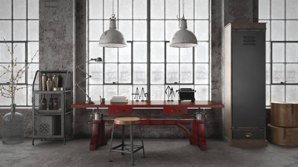 Industrial style office interior Rusty red metal working desk - 3 d render using 3ds Max warehouse office stock pictures, royalty-free photos & images