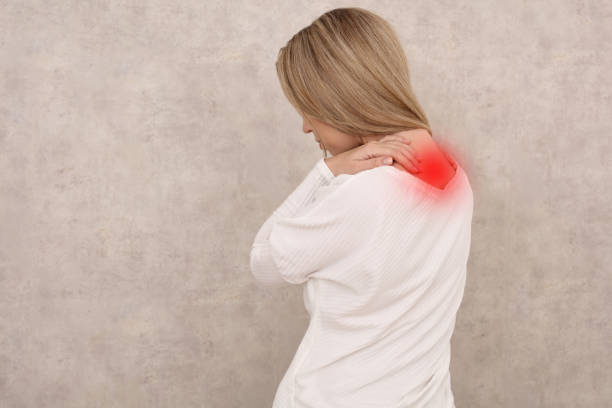 woman with neck and lower back pain, sport injury. pain relief and health care concept. - physical injury backache occupation office imagens e fotografias de stock