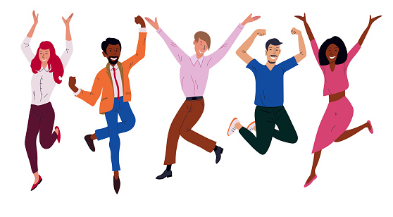 Happy business workers jumping celebrating success achievement. Office worker set, Cheerful corporate employees, Flat Cartoon characters isolated on a white background.