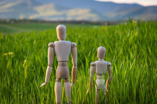istock Articulated little man stands in a field 1220639662
