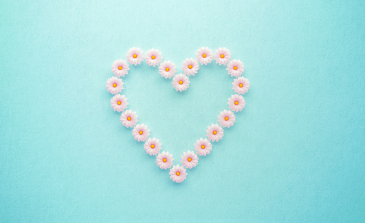 Heart shaped wreath made of white daisies on teal background. Horizontal composition with copy space. Love concept.