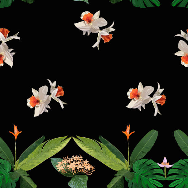 Seamless pattern with green tropical leaves and exotic flowers. Heliconia psittacorum and orchid. Fashion vector illustration on black background. Seamless pattern with green tropical leaves and exotic flowers. Heliconia psittacorum and orchid. Fashion vector illustration on black background. parrots beak heliconia stock illustrations