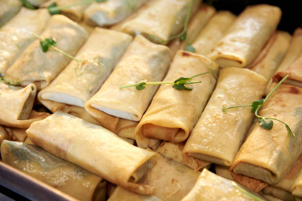 istock Fried pancake rolls with filling, a lot 1220641894