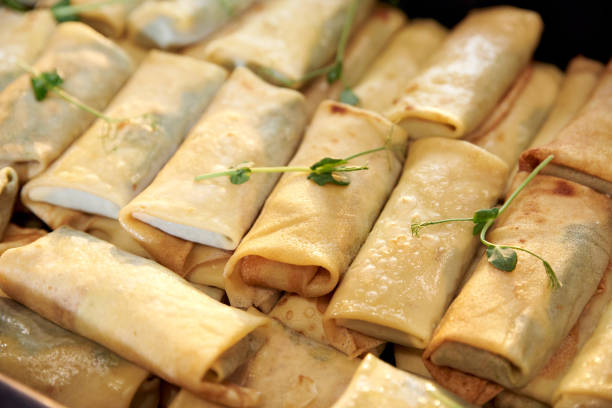 istock Fried pancake rolls with filling, a lot 1220641895