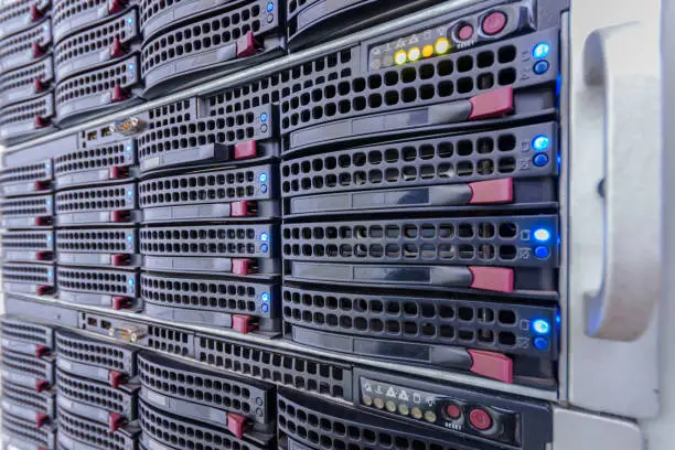Server hardware is a close-up. Computer data storage systems. The hosting platform for multiple websites. Powerful computing equipment works in a modern data center