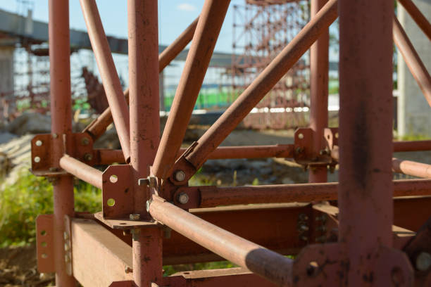 Scaffolding Elements Construction. Metal scaffolding tubes and bars. Construction site details. Bridge support.