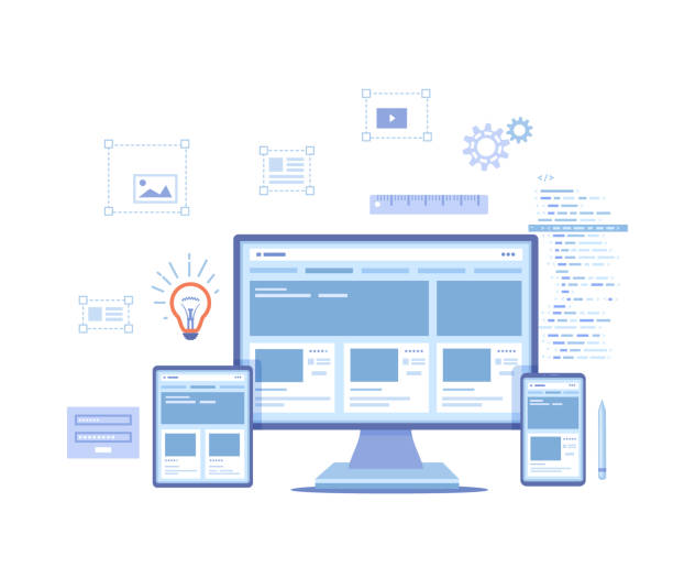 illustrations, cliparts, dessins animés et icônes de conception web. modèle de site web pour moniteur, ordinateur portable, tablette, téléphone. éléments pour les applications mobiles et web. interface utilisateur ui et l’organisation de contenu ux expérience utilisateur. illustration de vecteur sur  - web banner illustrations