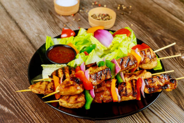 istock Grilled chicken with bell pepper on skewer. 1220646522