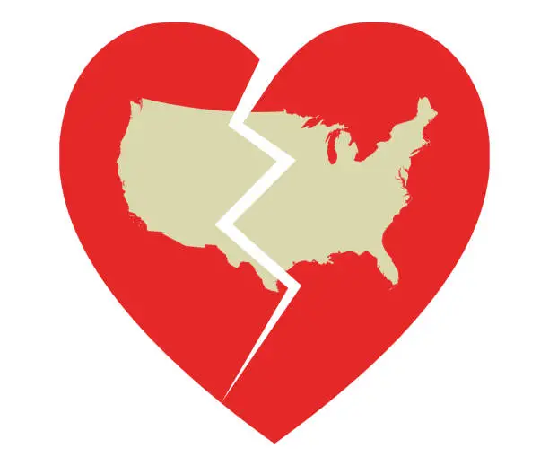 Vector illustration of Broken heart of USA due to coronavirus deaths