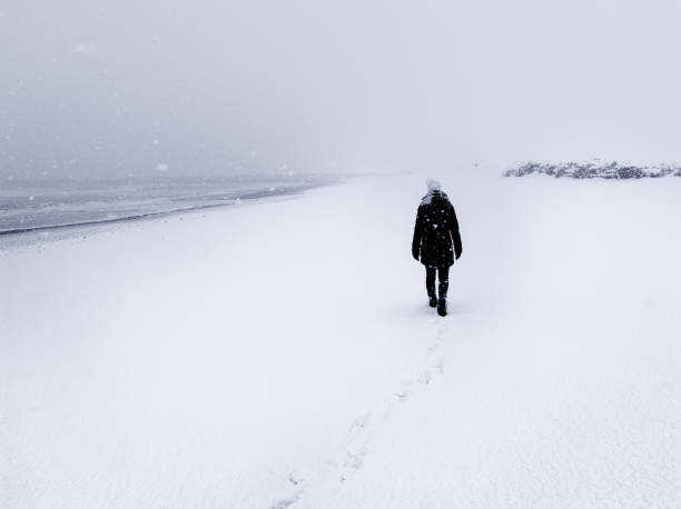 mulher caminhando durante tempestade de neve na praia de areia preta coberta de neve em vik í myrdal, islândia - rear view winter blizzard nordic countries - fotografias e filmes do acervo