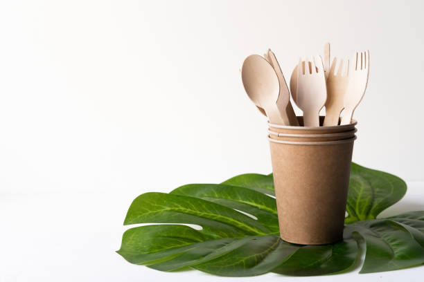 istock eco friendly disposable kitchenware utensils on white background. wooden forks and spoons in paper cup. ecology, zero waste concept. top view. flat lay 1220650655