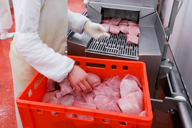 istock Frame image of worker hands holding a raw cuts of meat, introduced into an introductory washing in the meat production. 1220650839