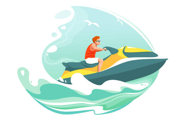 człowiek jeździć jetski w plakat wektora morskiego. aquabike na ilustracji fal oceanicznych. letni krajobraz kreskówek z charakterem w okularach przeciwsłonecznych na skuterze wodnym. ekstremalny baner sportów wodnych. fala izolowane tło - łódź z napędem odrzutowym stock illustrations